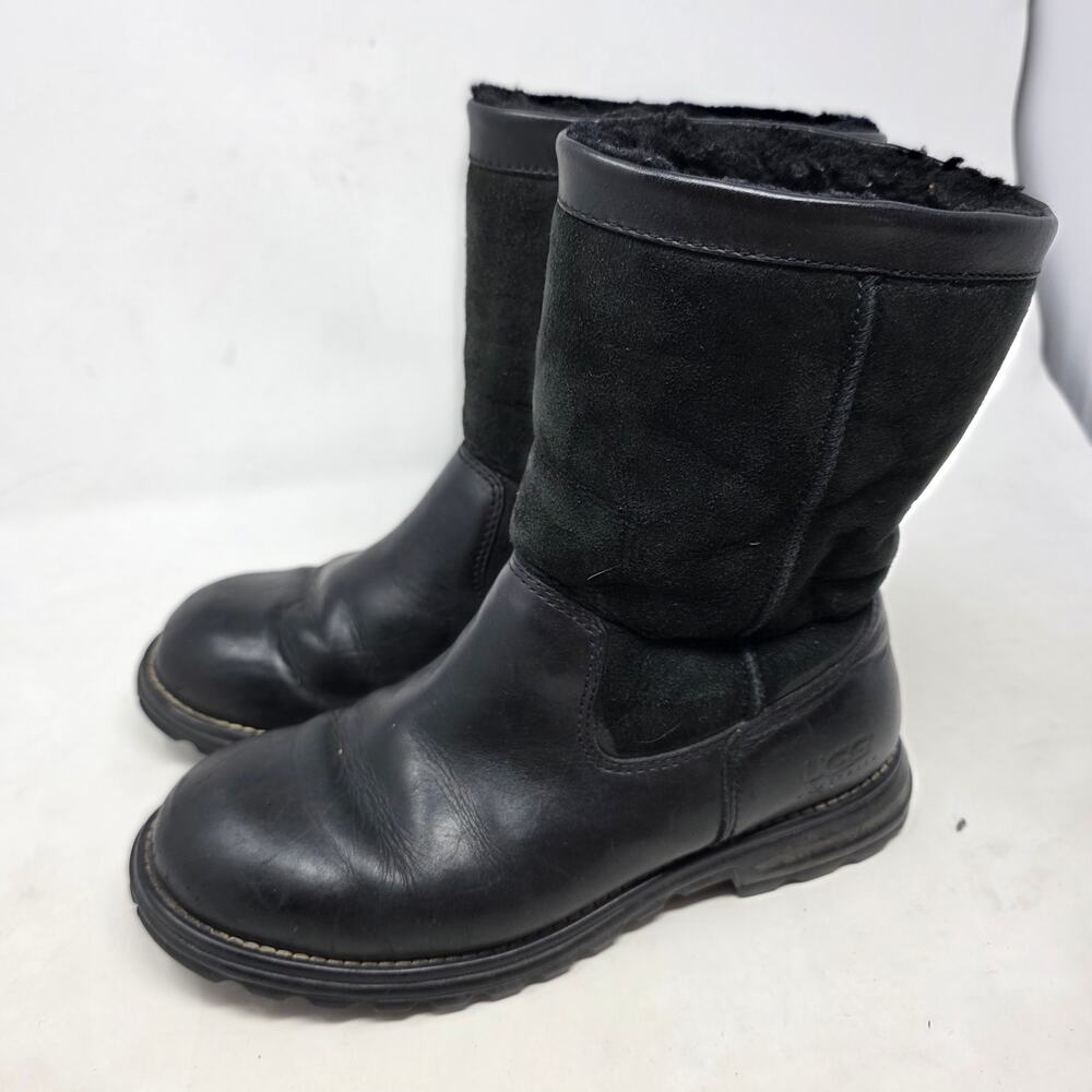 UGG Black Leather Suede Shearling Lined Mid Calf Winter Boots Women’s 8